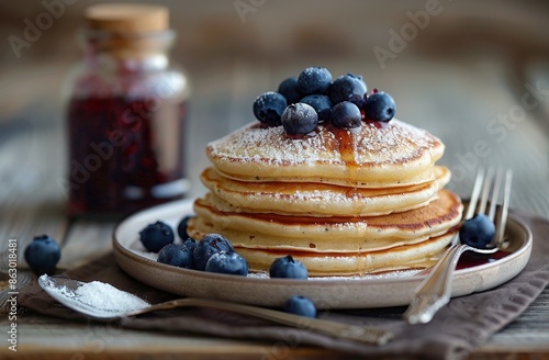 Stack of Buttermilk Pancakes Topped With Blueberries and Drizzled With Syrup