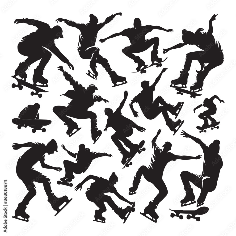 Black silhouettes of skate jumpers on a white background