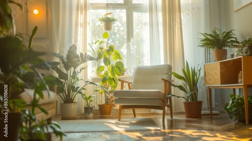 Background image of cozy living room with mid-century modern furniture and plants. Living room with white wall and sun shini photo