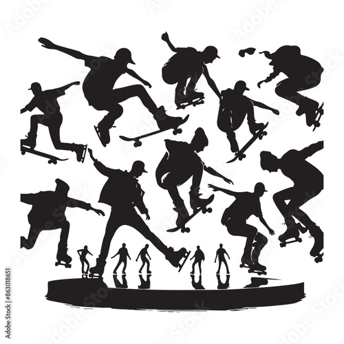 Black silhouettes of skate jumpers on a white background