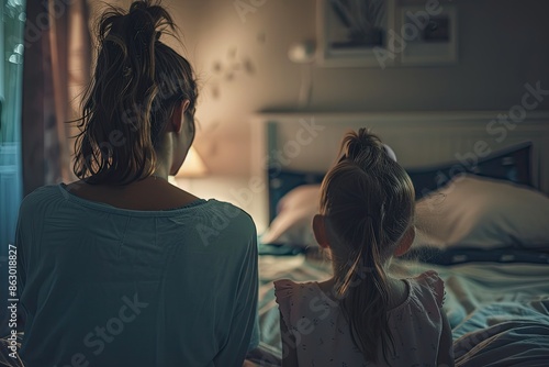 mother tries to talk to her sad daughter in her bedroom, back view shot photo