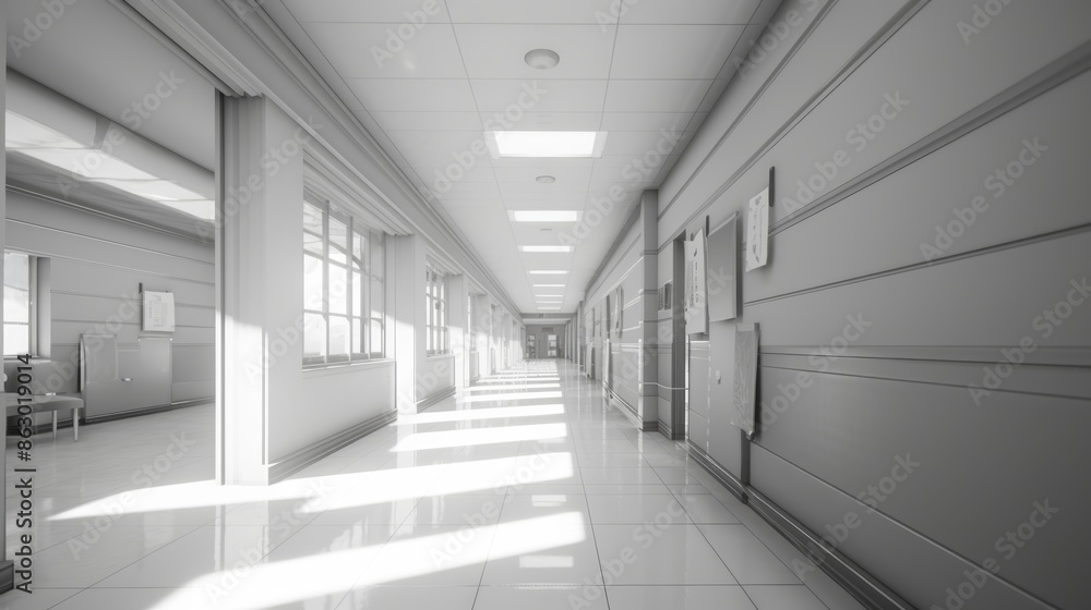 A black and white photorealistic image of a blurred hospital corridor with a painting on the wall. A black and white photorealistic image of a blurred hospital corridor with a painting on the wall.