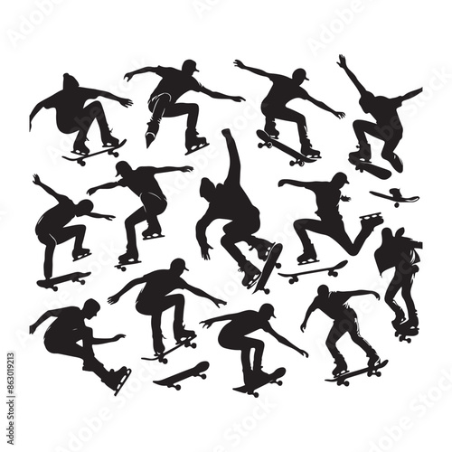 Black silhouettes of skate jumpers on a white background