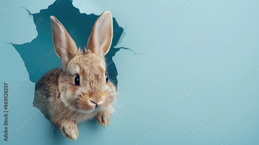 Obraz premium A small rabbit emerges from a hole in the wall, curious about its surroundings