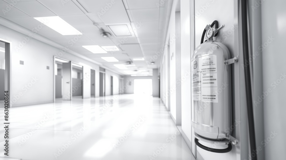 Obraz premium A black and white photorealistic image of a blurred hospital corridor with a fire extinguisher hanging on the wall.