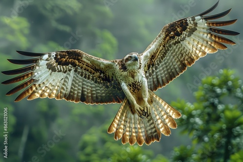 A Philippine eagle soaring high above a lush tropical forest, its powerful wings spread wide and its sharp eyes focused on the ground below.  photo