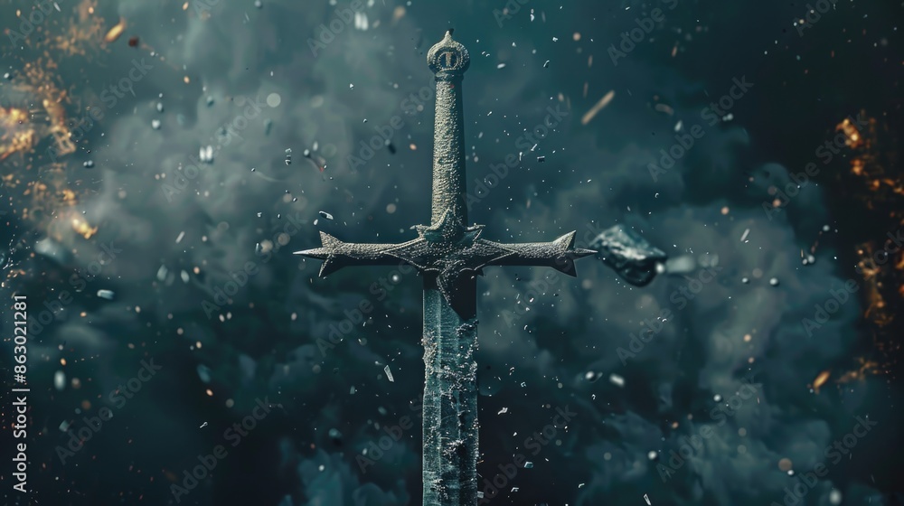 Naklejka premium A single sword suspended in mid-air against a dark and ominous background