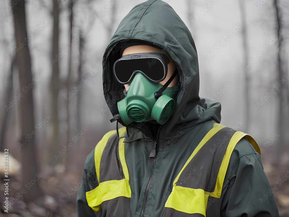 Naklejka premium Toxic Environment with Person in Safety Mask Environmental hazard