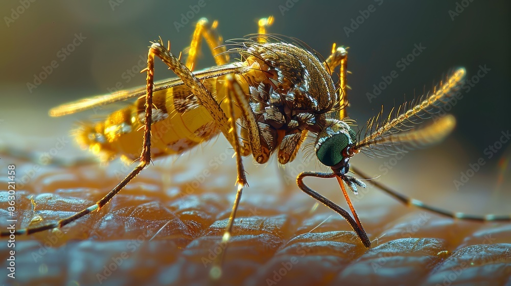 A close-up macro photo of a mosquito feeding on human skin, revealing its intricate proboscis and swollen abdomen. A close-up macro photo of a mosquito feeding on human skin, revealing its intricate proboscis and swollen abdomen.
