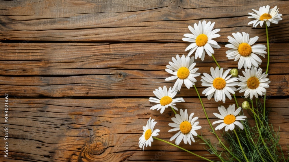Obraz premium Daisy chamomile flowers on wooden background. View with copy space