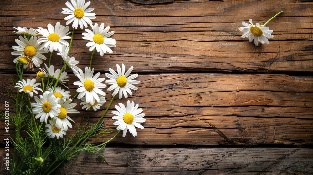 Obraz premium Daisy chamomile flowers on wooden background. View with copy space