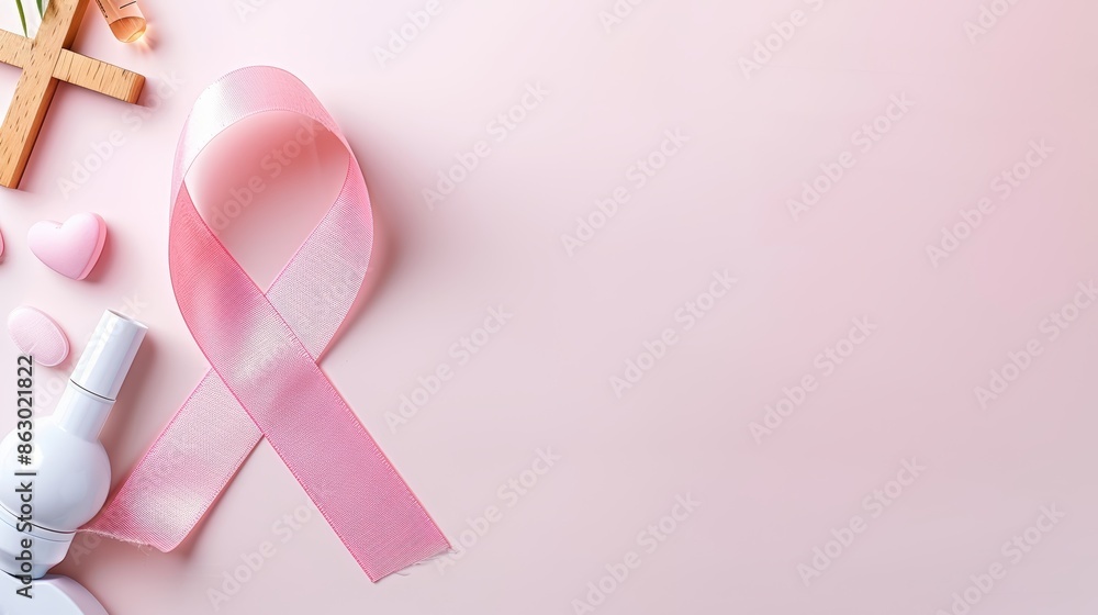 Pink ribbon featuring healthcare symbols like microscopes, hearts, and medical crosses, highlighting breast cancer awareness, clean and simple design Pink ribbon featuring healthcare symbols like microscopes, hearts, and medical crosses, highlighting breast cancer awareness, clean and simple design