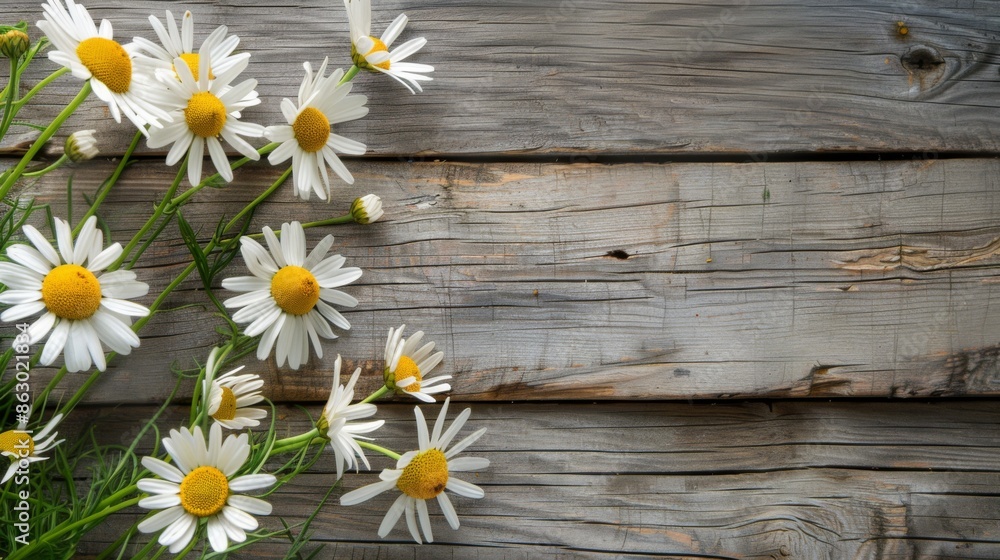 Obraz premium Daisy chamomile flowers on wooden background. View with copy space