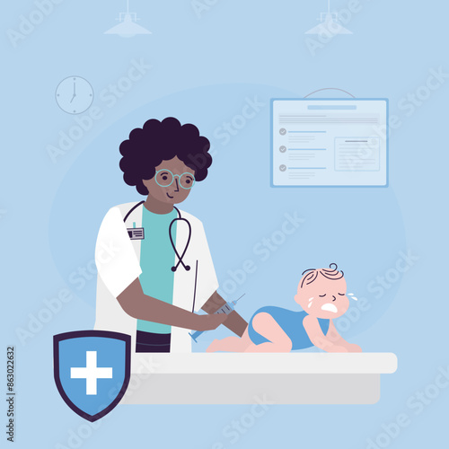 Vaccination of a newborn baby. Infant and doctor or nurse holding syringe with vaccine. Schedule of treatment, vaccination or immunization.