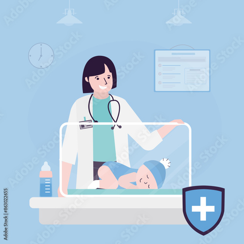 Premature newborn infant lies inside neonatal intensive care unit, doctor or pediatric nurse stands beside it and checks. Healthcare and medical care.