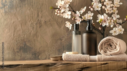 Elegant decor with soap dispenser towels and flowers Area for text