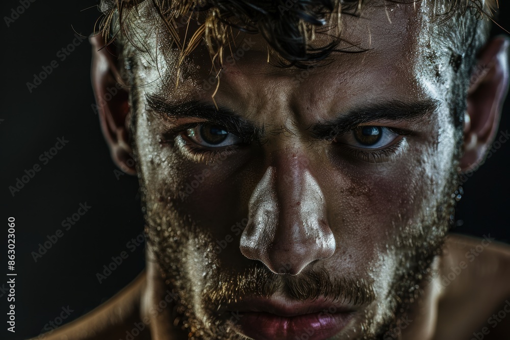 Focused and strong, a male wrestler's portrait radiates determination and preparedness for the match. Focused and strong, a male wrestler's portrait radiates determination and preparedness for the match.