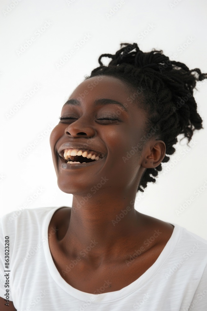 A woman smiles with her eyes closed, conveying happiness and serenity A woman smiles with her eyes closed, conveying happiness and serenity