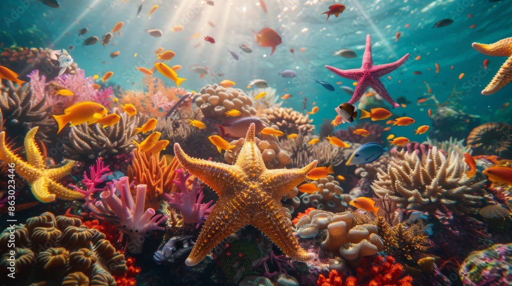 Obraz premium Diverse Array of Vibrant Starfish across Colorful Coral Reef in Warm Sunlight