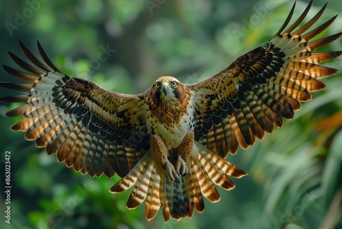 A Philippine eagle soaring high above a lush tropical forest, its powerful wings spread wide and its sharp eyes focused on the ground below. 