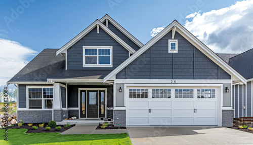 Modern Gray House with White Garage Doors