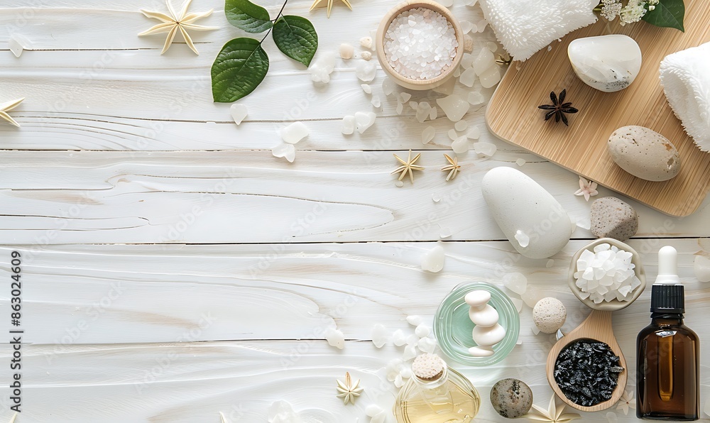 Beauty Treatment Items for Spa Procedures on White Wooden Table with Massage Stones, Essential Oils, and Sea Salt Flat Lay Beauty Treatment Items for Spa Procedures on White Wooden Table with Massage Stones, Essential Oils, and Sea Salt Flat Lay