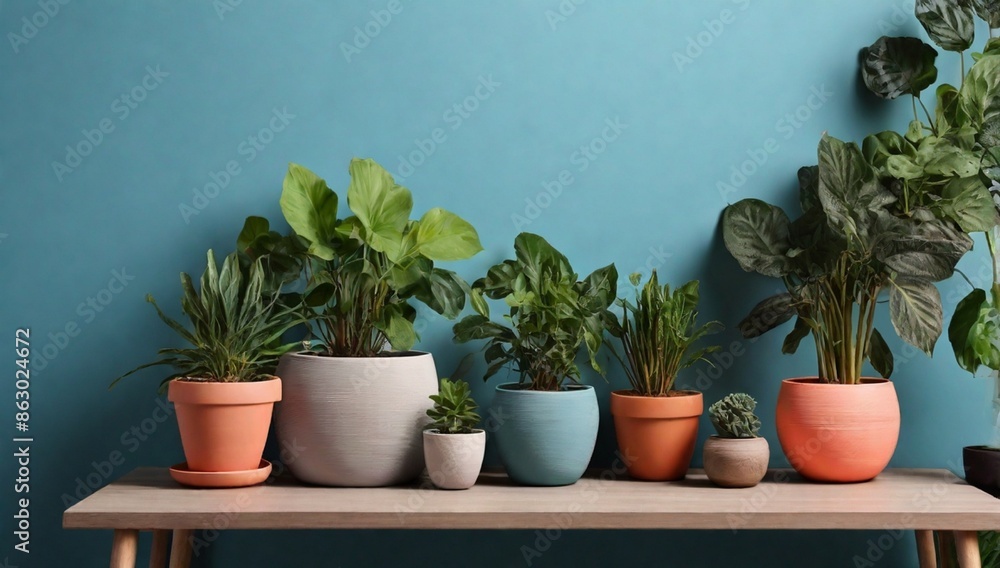 Table with different plants in pots near color wall
Table with different plants in pots near color wall