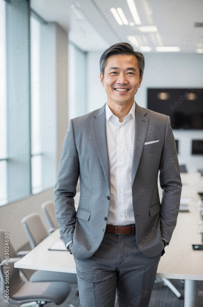 Successful asian businessman in grey suit stands confidently in modern office space setting Successful asian businessman in grey suit stands confidently in modern office space setting