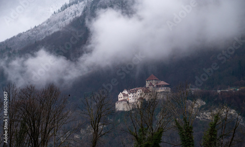 Vaduz Royal castle under a cloudy day and with snow covering the mountains at the background