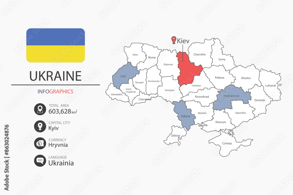 Obraz premium Ukraine map infographic elements with flag of city. Separate of heading is total areas, Currency, Language and the capital city in this country.
