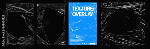 Vector set of realistic cellophane or polyethylene seal wrapper mockups. Retro-style CD album cover featuring a vinyl record with a paper sticker and price tag, encased in both whole.