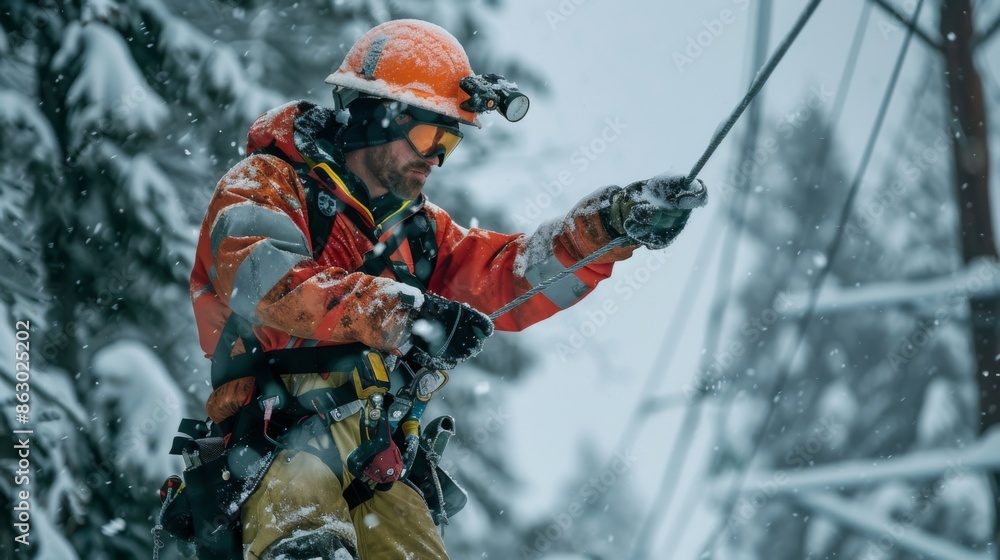 Engineer Working on Power Line Maintenance in Snow. Engineer in safety gear works on power line maintenance in snowy condition Engineer Working on Power Line Maintenance in Snow. Engineer in safety gear works on power line maintenance in snowy condition