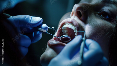 Close-up of a dentist examining a patients teeth during a check-up. photo