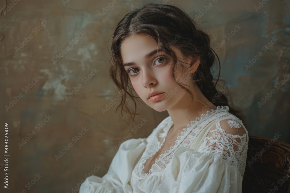 Fototapeta premium A woman wearing a white dress sits in a chair, possibly waiting or reflecting