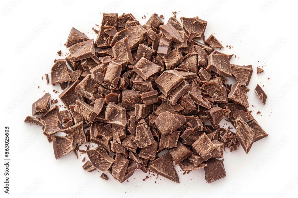 A messy pile of chocolate pieces on a clean white surface A messy pile of chocolate pieces on a clean white surface