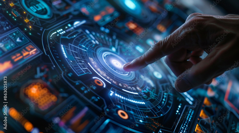 Naklejka premium Close-up of a persons hand touching a digital screen with futuristic interface.