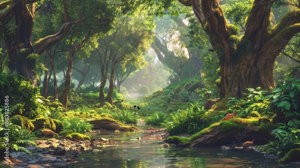 Illustration of An enchanting forest with ancient trees, meandering streams, and vibrant birdlife Illustration of An enchanting forest with ancient trees, meandering streams, and vibrant birdlife