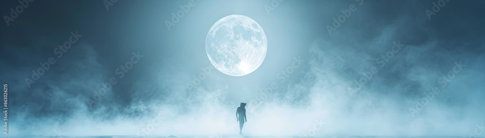 Silhouetted figure walking towards the majestic full moon in a misty night landscape, creating a mystical and serene atmosphere. Silhouetted figure walking towards the majestic full moon in a misty night landscape, creating a mystical and serene atmosphere.
