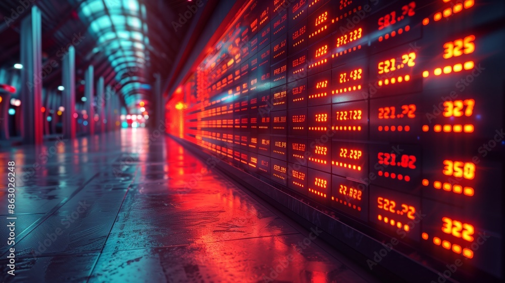 Illuminated Digital Stock Ticker Display In Modern Urban Setting At Night Illuminated Digital Stock Ticker Display In Modern Urban Setting At Night