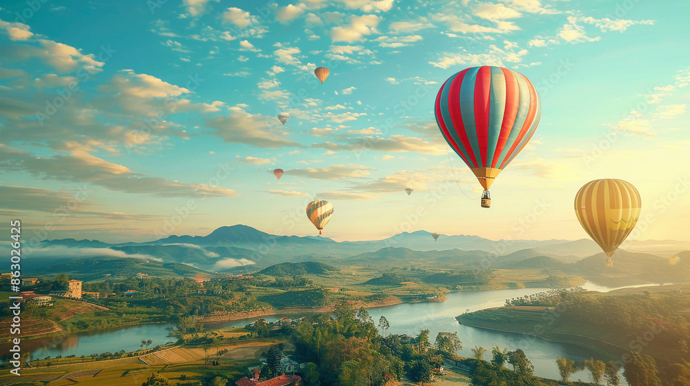 Obraz premium Colorful hot air balloons floating over a picturesque landscape.