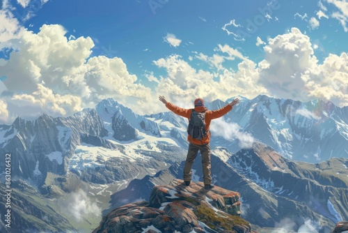 A person stands at the peak of a mountain, arms spread wide