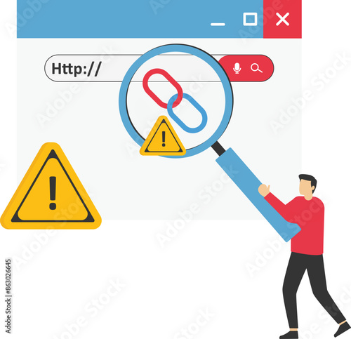 Link security check. Website Inspection and Analysis. a user using a magnifying glass to see how the website that he will visit is safe or risky. prevention of harmful and suspected links

