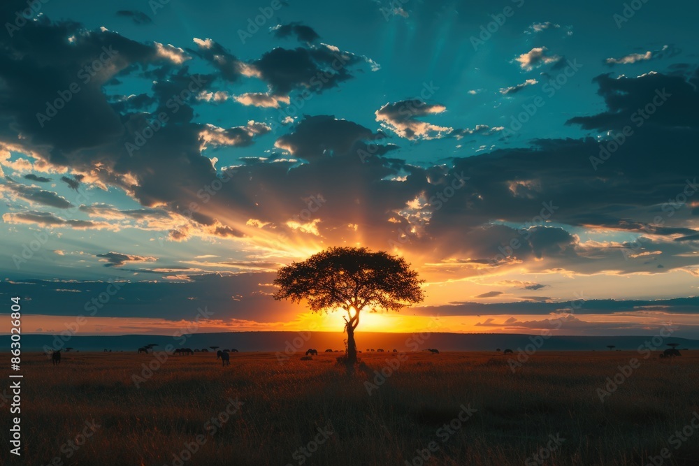 Obraz premium A single tree stands alone in a vast field, illuminated by the warm glow of sunset