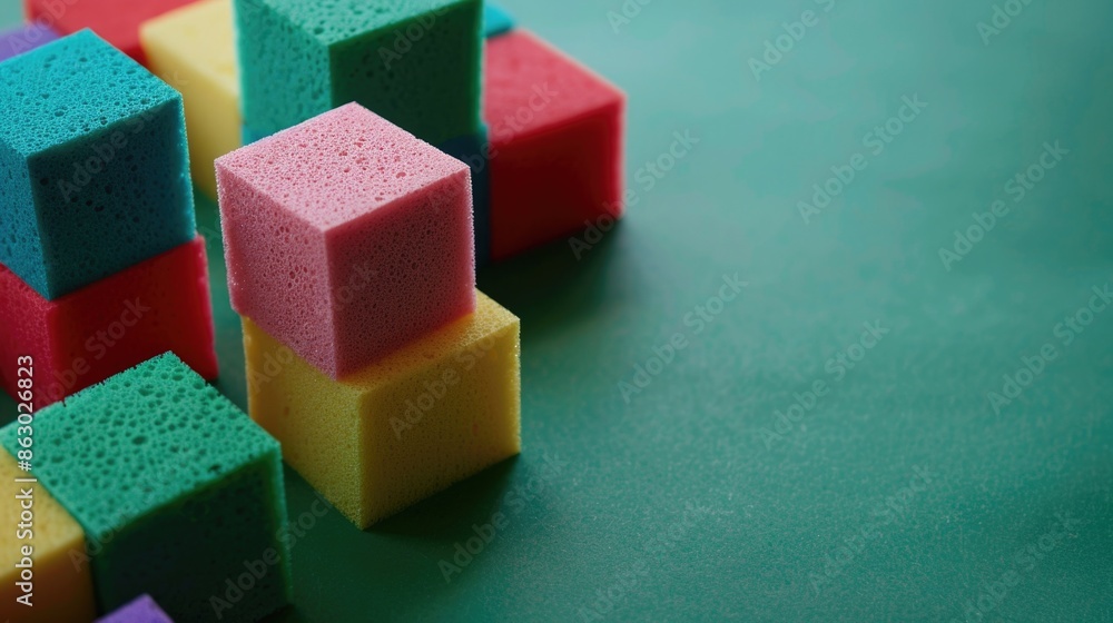 A collection of vibrant sponges placed on a lush green surface A collection of vibrant sponges placed on a lush green surface