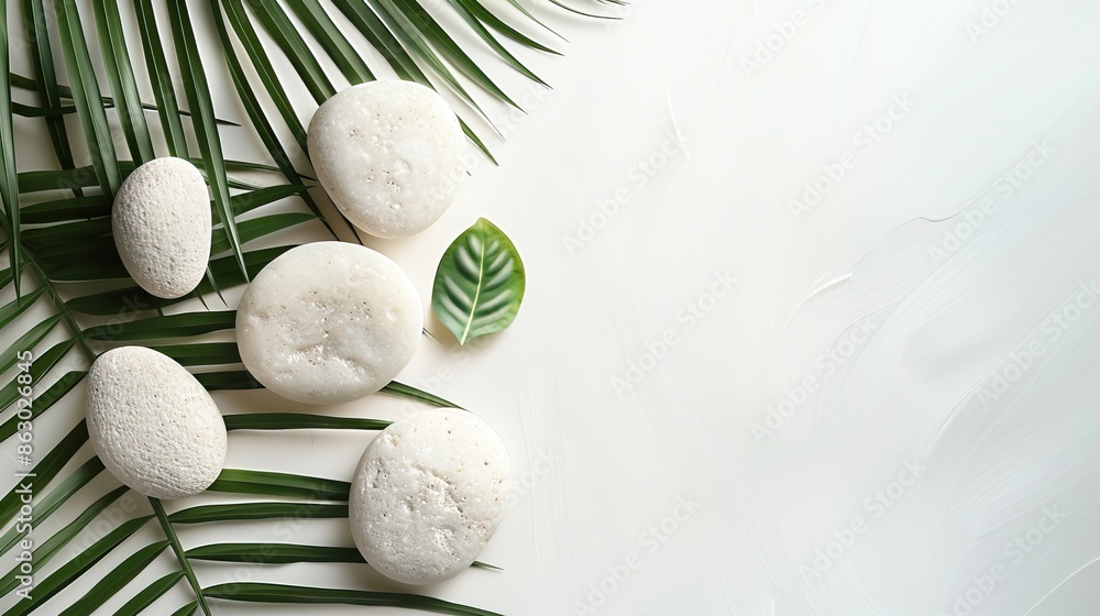 Flat lay composition of smooth white stones and green palm leaves on a white background, creating a tranquil and natural aesthetic. Flat lay composition of smooth white stones and green palm leaves on a white background, creating a tranquil and natural aesthetic.