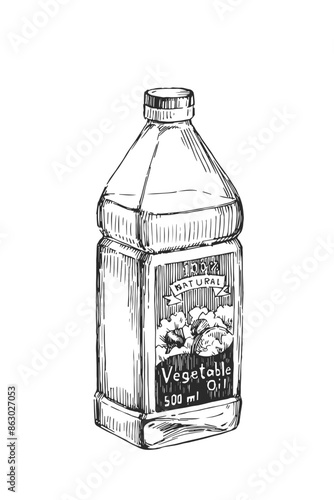 Vector vintage illustration of an oil bottle in the style of an engraving. A hand-drawn plastic bottle isolated on a white background.