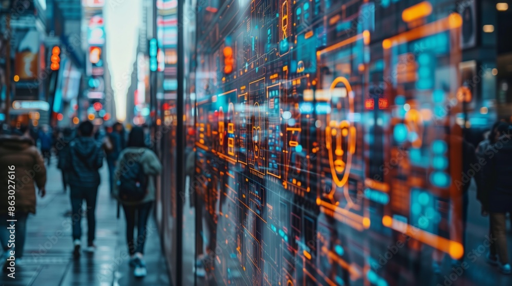 Fototapeta premium Blurred People Walking Past a Digital Screen in a City Street