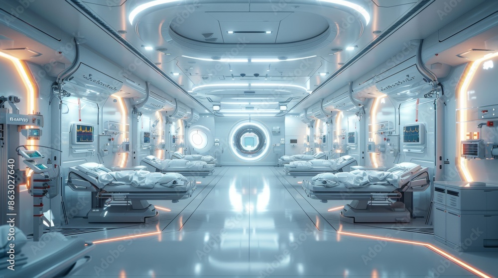 Obraz premium A futuristic medical facility where doctors use drones equipped with medical scanners to remotely assess patients in hard-to-reach locations.