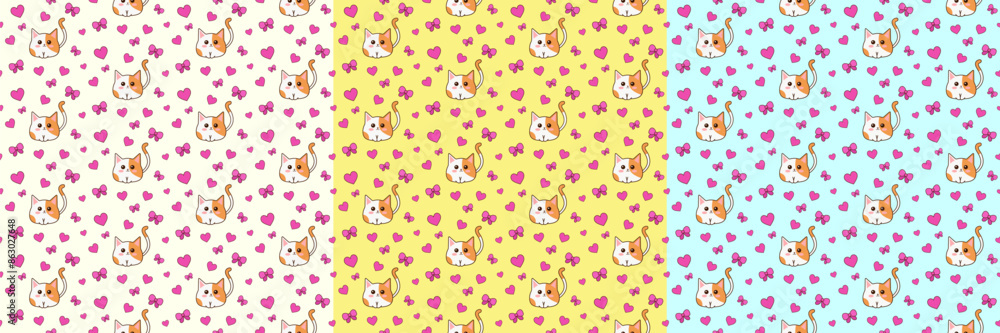 Pattern for international cat day. Kawaii cat seamless pattern. Festive pattern with cat, hearts and bows Pattern for international cat day. Kawaii cat seamless pattern. Festive pattern with cat, hearts and bows