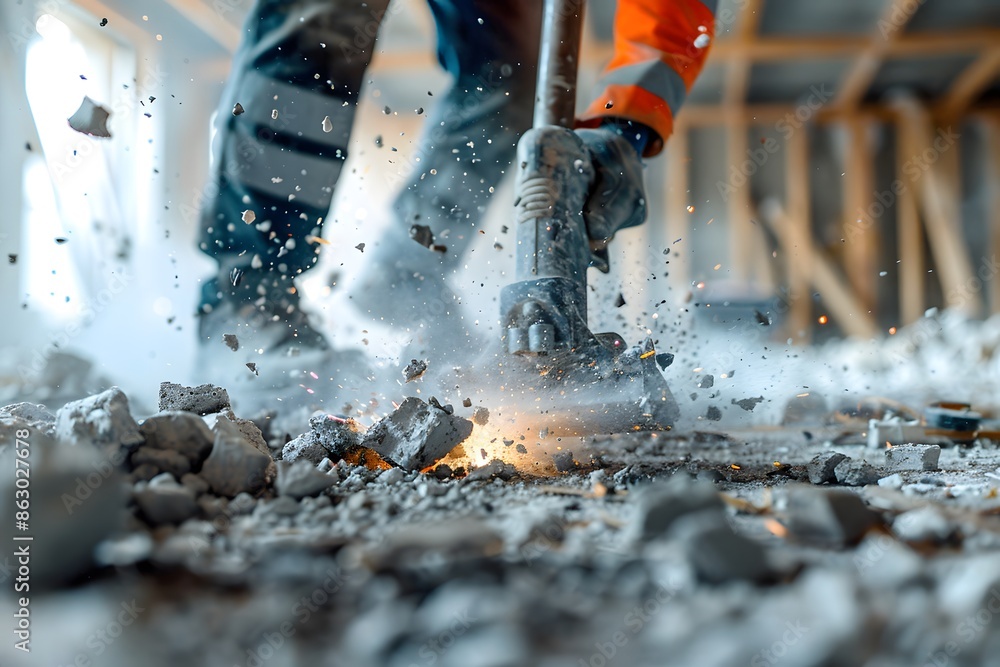 Construction Worker Using Jackhammer to Break Concrete Floor Construction Worker Using Jackhammer to Break Concrete Floor